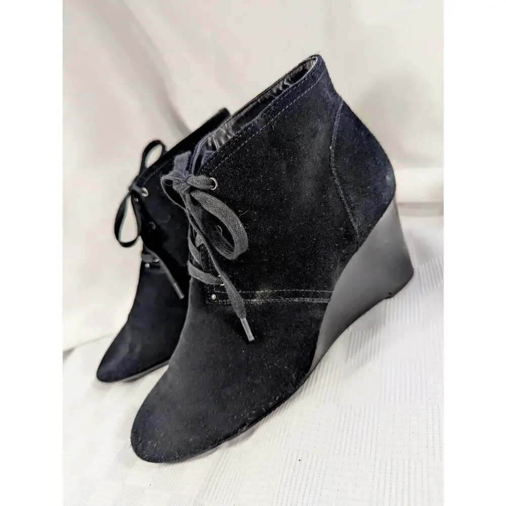 LAUREN BY RALPH LAUREN! BLACK GENUINE SUEDE LEATHER WEDGE ANKLE BOOTS! SZ 7.5B